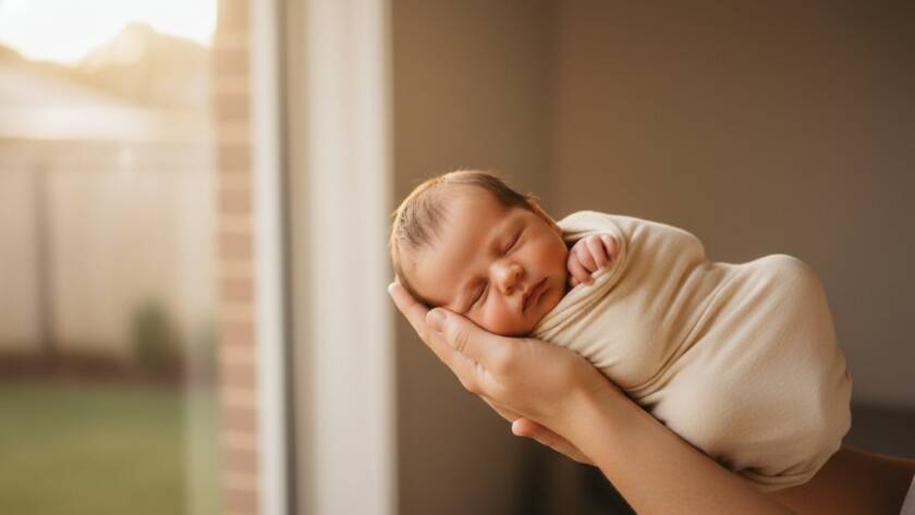 A heartwarming, professionally lit 'epic moment' photograph capturing authentic newborn photography West Footscray families will adore, showing a parent's hands gently cradling their peacefully sleeping baby, bathed in soft, ethereal light from a window in a charming West Footscray home.