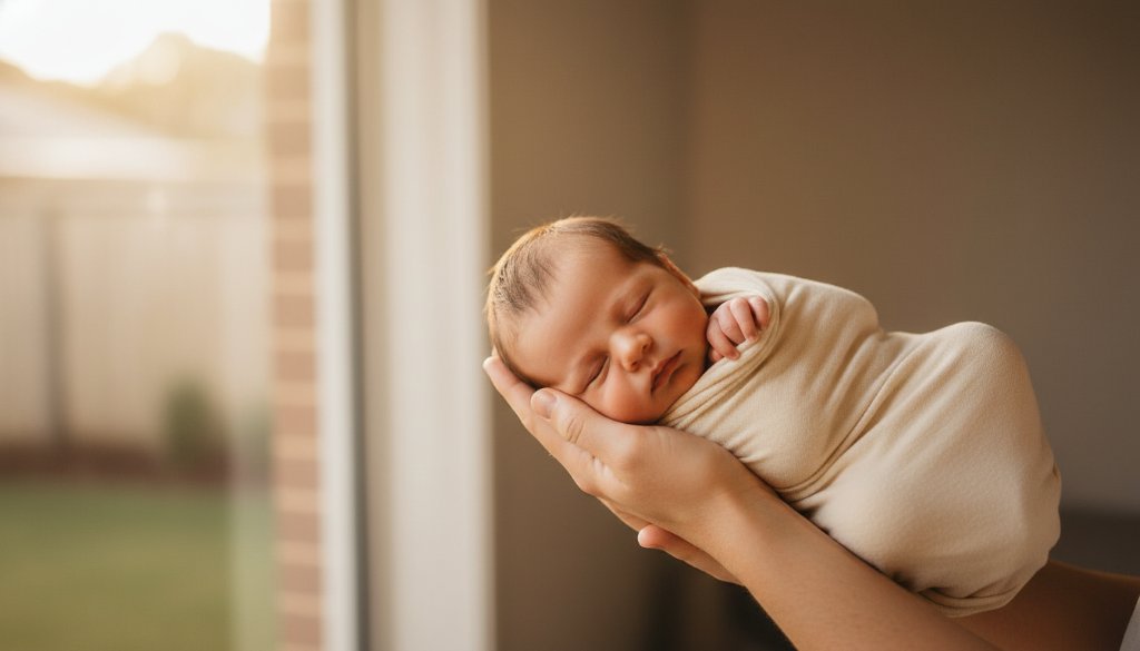 A heartwarming, professionally lit 'epic moment' photograph capturing authentic newborn photography West Footscray families will adore, showing a parent's hands gently cradling their peacefully sleeping baby, bathed in soft, ethereal light from a window in a charming West Footscray home.