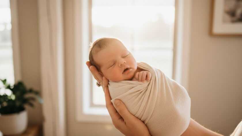 An epic moment photograph capturing a Woodend family's authentic newborn photography session, with a newborn baby sleeping peacefully in a parent's arms, bathed in soft, ethereal light from a window, evoking warmth and connection.