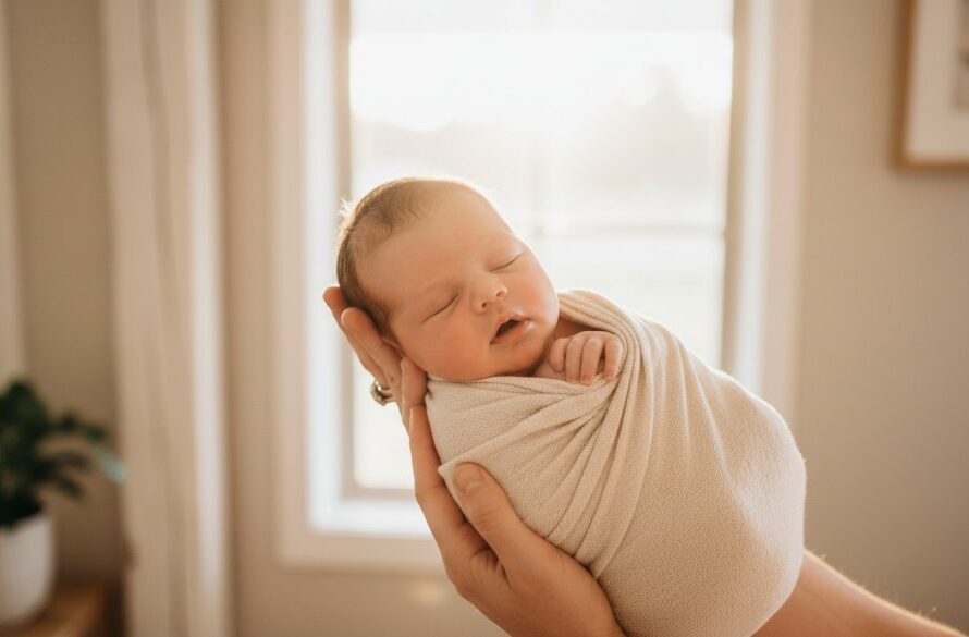 An epic moment photograph capturing a Woodend family's authentic newborn photography session, with a newborn baby sleeping peacefully in a parent's arms, bathed in soft, ethereal light from a window, evoking warmth and connection.