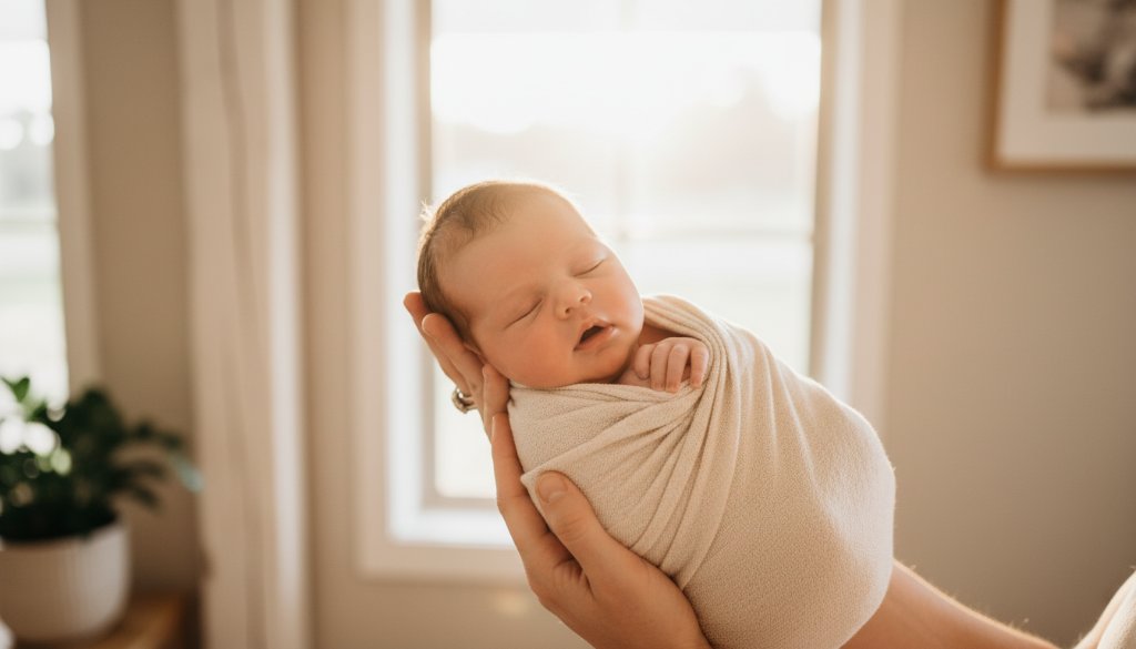 An epic moment photograph capturing a Woodend family's authentic newborn photography session, with a newborn baby sleeping peacefully in a parent's arms, bathed in soft, ethereal light from a window, evoking warmth and connection.