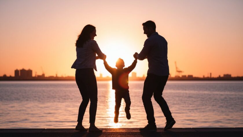 An authentic North Geelong candid family photography moment showing a child laughing joyfully while being lifted by a parent, silhouetted against a golden hour sunset over Corio Bay, capturing genuine connection and happiness.