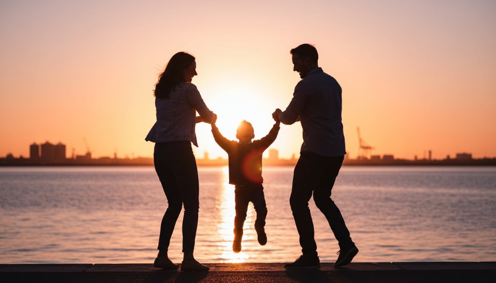 An authentic North Geelong candid family photography moment showing a child laughing joyfully while being lifted by a parent, silhouetted against a golden hour sunset over Corio Bay, capturing genuine connection and happiness.