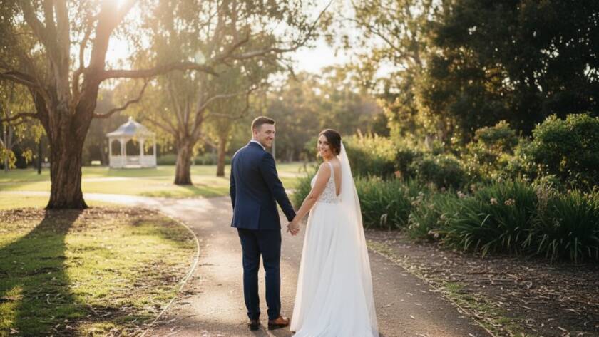 A newlywed couple shares a tender, joyful embrace bathed in golden hour light at a Nunawading park, showcasing authentic Nunawading wedding photography joy, with lush Victorian greenery and soft bokeh, captured from a slightly elevated perspective.