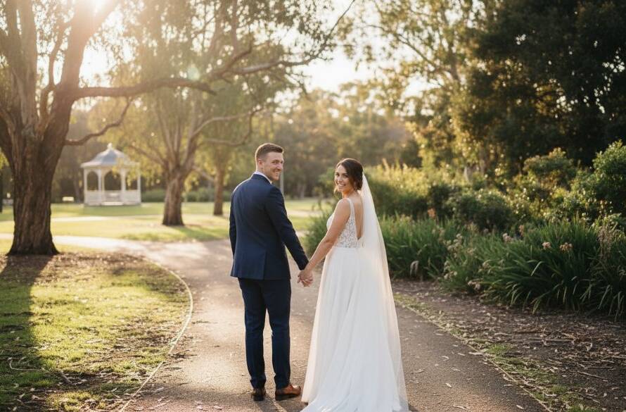 A newlywed couple shares a tender, joyful embrace bathed in golden hour light at a Nunawading park, showcasing authentic Nunawading wedding photography joy, with lush Victorian greenery and soft bokeh, captured from a slightly elevated perspective.