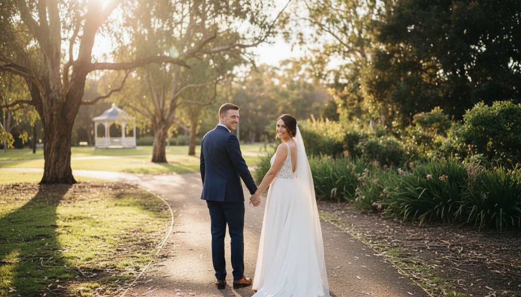 A newlywed couple shares a tender, joyful embrace bathed in golden hour light at a Nunawading park, showcasing authentic Nunawading wedding photography joy, with lush Victorian greenery and soft bokeh, captured from a slightly elevated perspective.
