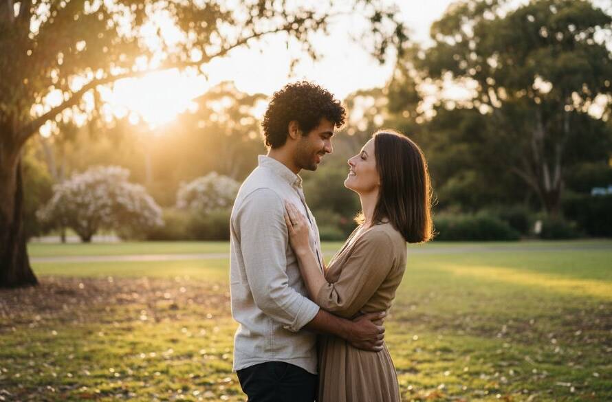 An epic moment of authentic Oakleigh East engagement photography storytelling, featuring a couple embracing warmly at sunset in a lush park, professional photography, dramatic lighting, rich colours.