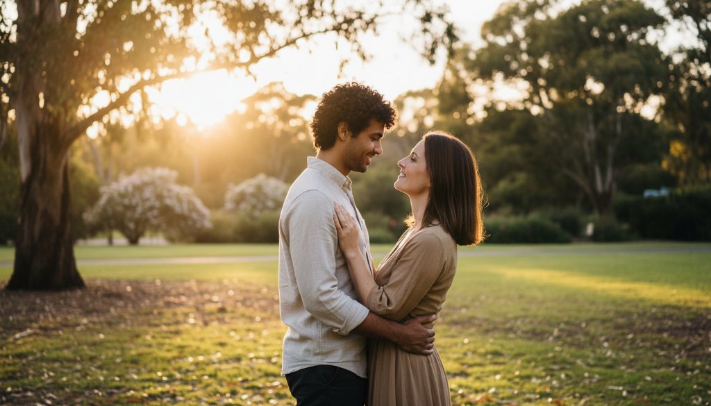 An epic moment of authentic Oakleigh East engagement photography storytelling, featuring a couple embracing warmly at sunset in a lush park, professional photography, dramatic lighting, rich colours.