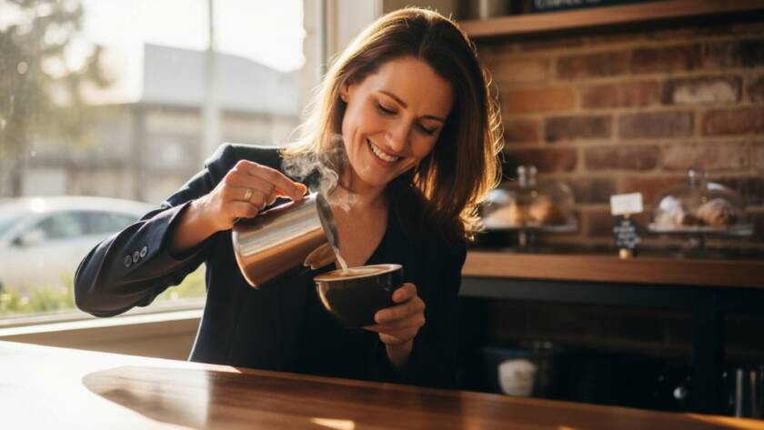 An authentic Ormond small business branding photography shot, featuring a passionate coffee shop owner expertly pouring latte art with a warm smile, bathed in golden hour light, reflecting the vibrant local community of Ormond.