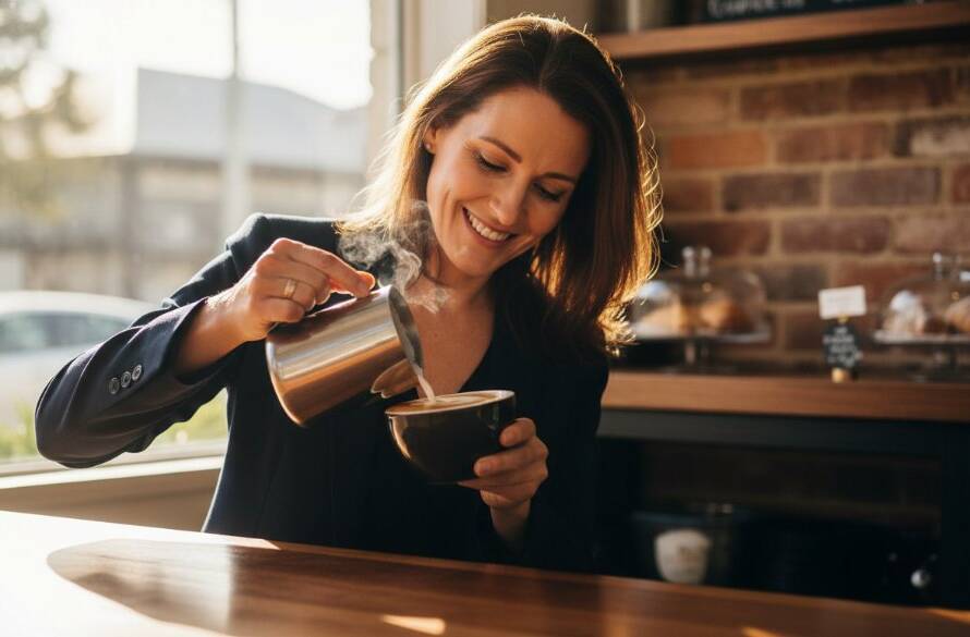 An authentic Ormond small business branding photography shot, featuring a passionate coffee shop owner expertly pouring latte art with a warm smile, bathed in golden hour light, reflecting the vibrant local community of Ormond.