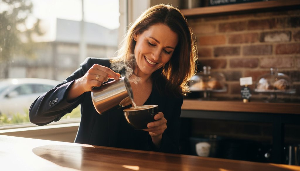 An authentic Ormond small business branding photography shot, featuring a passionate coffee shop owner expertly pouring latte art with a warm smile, bathed in golden hour light, reflecting the vibrant local community of Ormond.