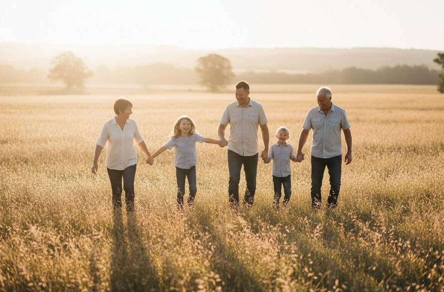 A vibrant, candid shot capturing an authentic Pakenham family photography adventure, with parents laughing as their child runs through a sun-dappled park, showcasing genuine joy.