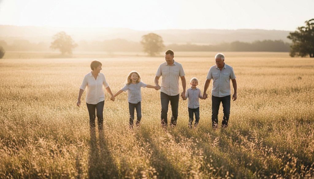 A vibrant, candid shot capturing an authentic Pakenham family photography adventure, with parents laughing as their child runs through a sun-dappled park, showcasing genuine joy.