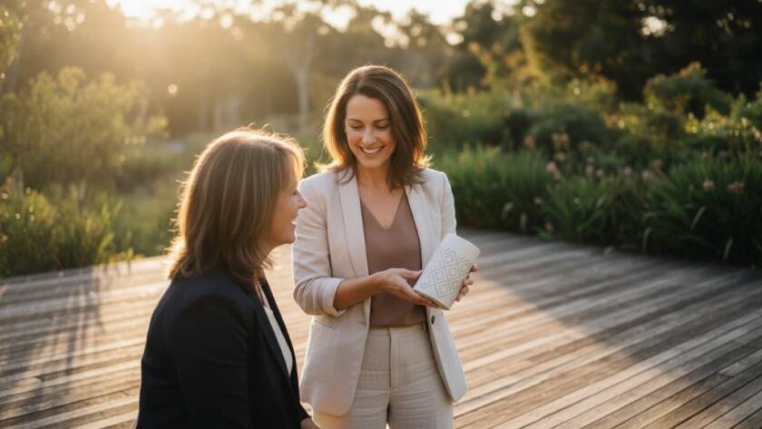An inspiring entrepreneur, bathed in golden hour light, conversing passionately with a client on a rustic verandah overlooking the serene bushland of Park Orchards, embodying authentic Park Orchards branding photography for entrepreneurs. The scene captures a genuine connection, with soft bokeh background and professional color grading, highlighting their brand's approachable yet expert nature.