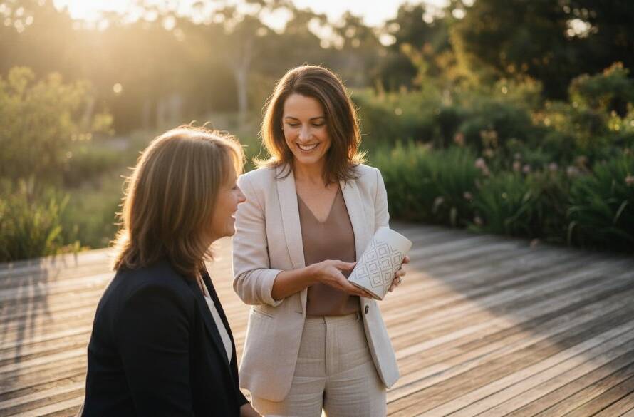 An inspiring entrepreneur, bathed in golden hour light, conversing passionately with a client on a rustic verandah overlooking the serene bushland of Park Orchards, embodying authentic Park Orchards branding photography for entrepreneurs. The scene captures a genuine connection, with soft bokeh background and professional color grading, highlighting their brand's approachable yet expert nature.