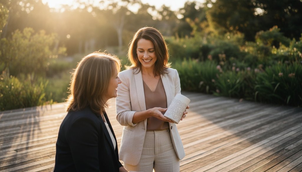 An inspiring entrepreneur, bathed in golden hour light, conversing passionately with a client on a rustic verandah overlooking the serene bushland of Park Orchards, embodying authentic Park Orchards branding photography for entrepreneurs. The scene captures a genuine connection, with soft bokeh background and professional color grading, highlighting their brand's approachable yet expert nature.