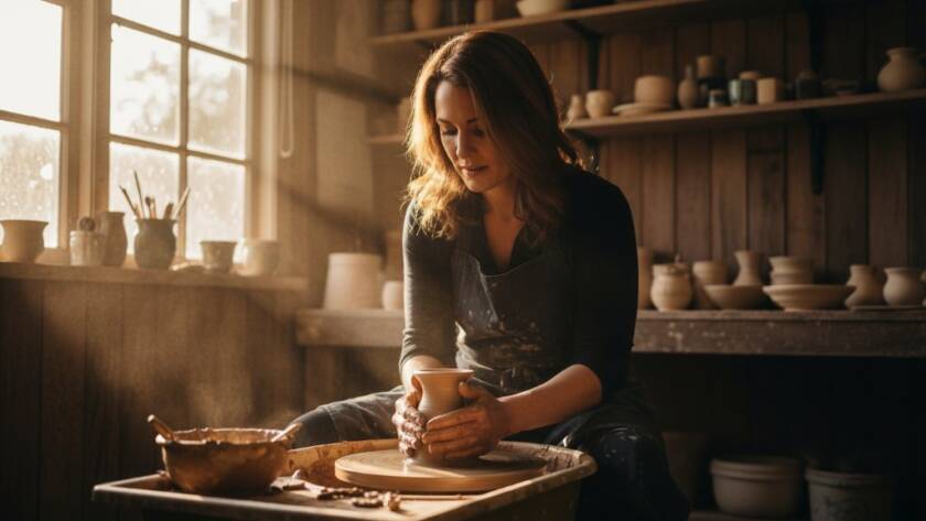 An epic moment of a local artisan in Park Orchards meticulously crafting handmade goods, showcasing authentic Park Orchards commercial photography for local businesses, with dramatic sunlight highlighting their focused expression and the intricate details of their work.