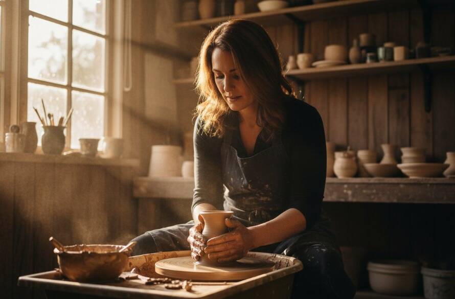 An epic moment of a local artisan in Park Orchards meticulously crafting handmade goods, showcasing authentic Park Orchards commercial photography for local businesses, with dramatic sunlight highlighting their focused expression and the intricate details of their work.