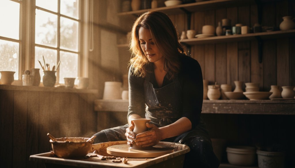 An epic moment of a local artisan in Park Orchards meticulously crafting handmade goods, showcasing authentic Park Orchards commercial photography for local businesses, with dramatic sunlight highlighting their focused expression and the intricate details of their work.