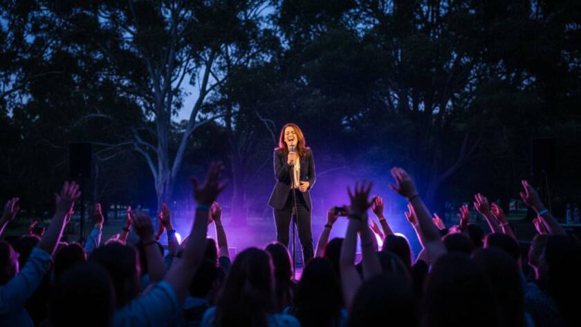 A powerful close-up shot of a lead guitarist in mid-solo, bathed in dramatic stage lighting, capturing authentic Park Orchards live music photography with intense emotion and energy.