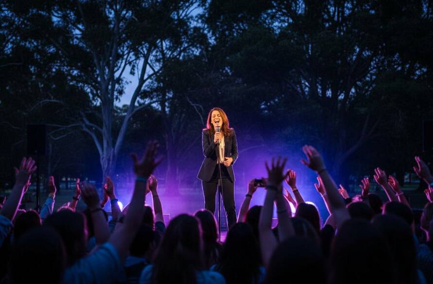 A powerful close-up shot of a lead guitarist in mid-solo, bathed in dramatic stage lighting, capturing authentic Park Orchards live music photography with intense emotion and energy.