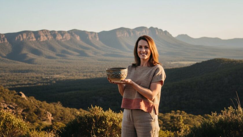 A small business owner, illuminated by the golden hour sun filtering through ancient gum trees near the One Tree Hill lookout in Ararat, Victoria, shares a genuine laugh with a client, capturing an authentic personal branding photography Ararat Victoria moment, with a dramatic, professional colour-graded finish.