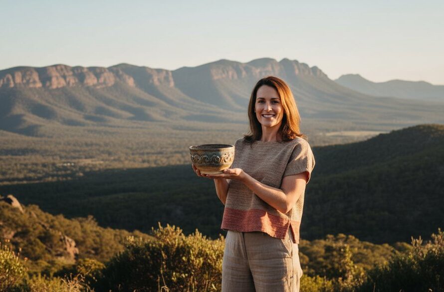 A small business owner, illuminated by the golden hour sun filtering through ancient gum trees near the One Tree Hill lookout in Ararat, Victoria, shares a genuine laugh with a client, capturing an authentic personal branding photography Ararat Victoria moment, with a dramatic, professional colour-graded finish.