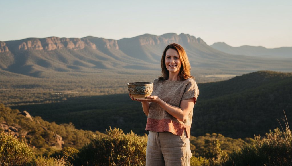A small business owner, illuminated by the golden hour sun filtering through ancient gum trees near the One Tree Hill lookout in Ararat, Victoria, shares a genuine laugh with a client, capturing an authentic personal branding photography Ararat Victoria moment, with a dramatic, professional colour-graded finish.