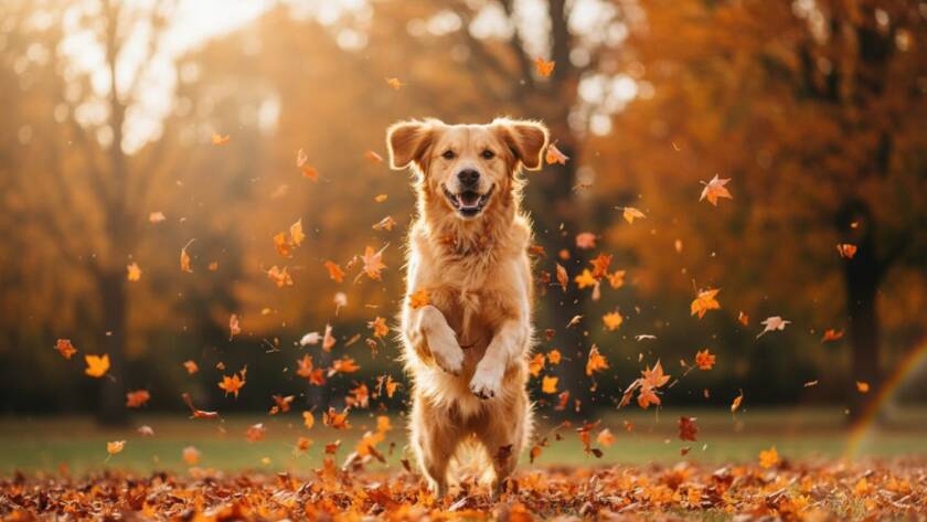 A golden retriever joyfully leaping through autumn leaves in Bentleigh's Victory Park, backlit by the golden hour sun, expertly captured showcasing authentic pet photography Bentleigh capturing joyful moments.