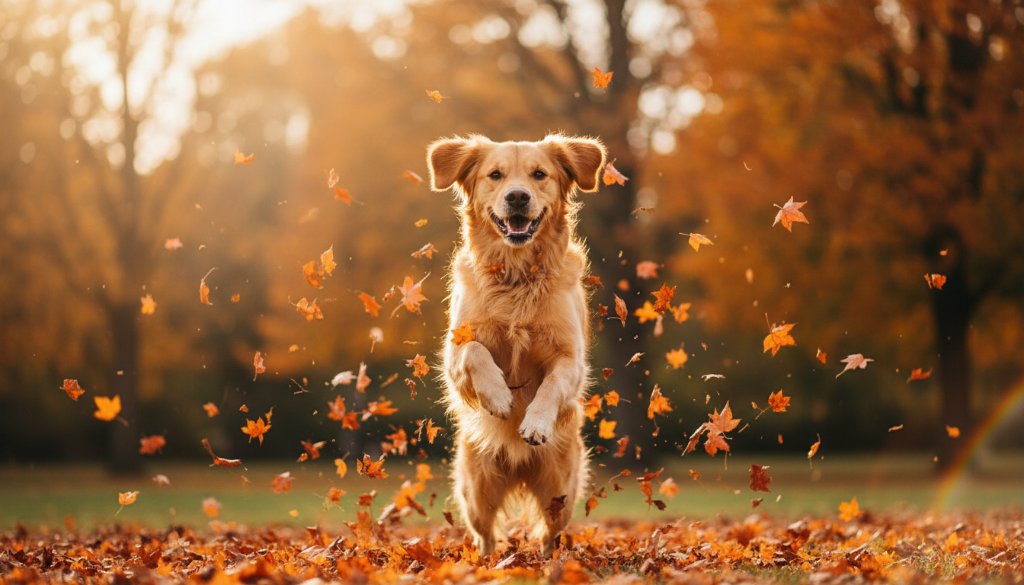 A golden retriever joyfully leaping through autumn leaves in Bentleigh's Victory Park, backlit by the golden hour sun, expertly captured showcasing authentic pet photography Bentleigh capturing joyful moments.