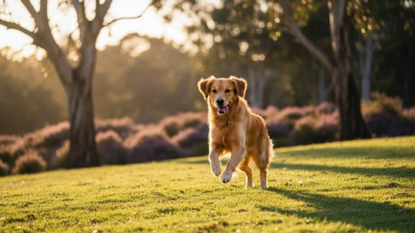 A golden retriever joyfully leaping through golden afternoon light in a Ringwood North park, hind legs extended, ears flying, capturing the authentic pet photography Ringwood North spirit of a unique pet personality.