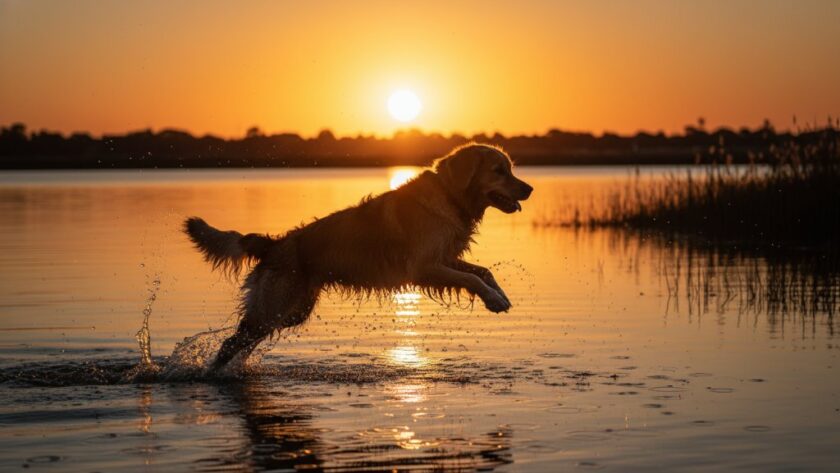 An authentic pet photography Shepparton capturing joyous moments: A golden retriever leaping gracefully through sun-dappled tall grass near Victoria Park Lake, its fur glistening, mouth open in pure joy, backlit by the golden hour sun.
