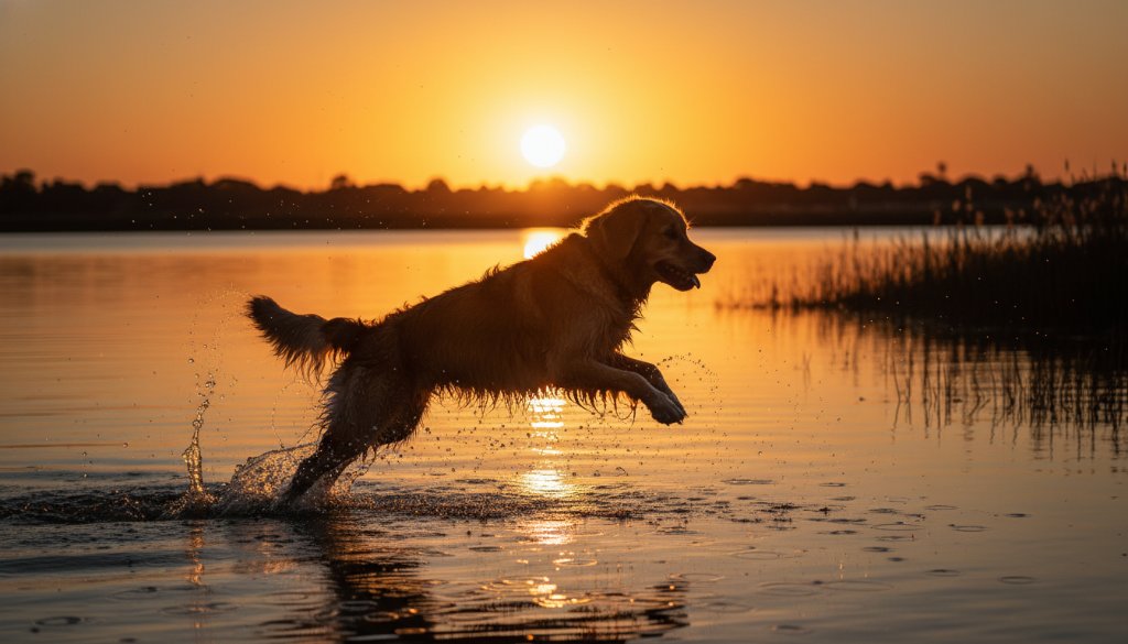 An authentic pet photography Shepparton capturing joyous moments: A golden retriever leaping gracefully through sun-dappled tall grass near Victoria Park Lake, its fur glistening, mouth open in pure joy, backlit by the golden hour sun.
