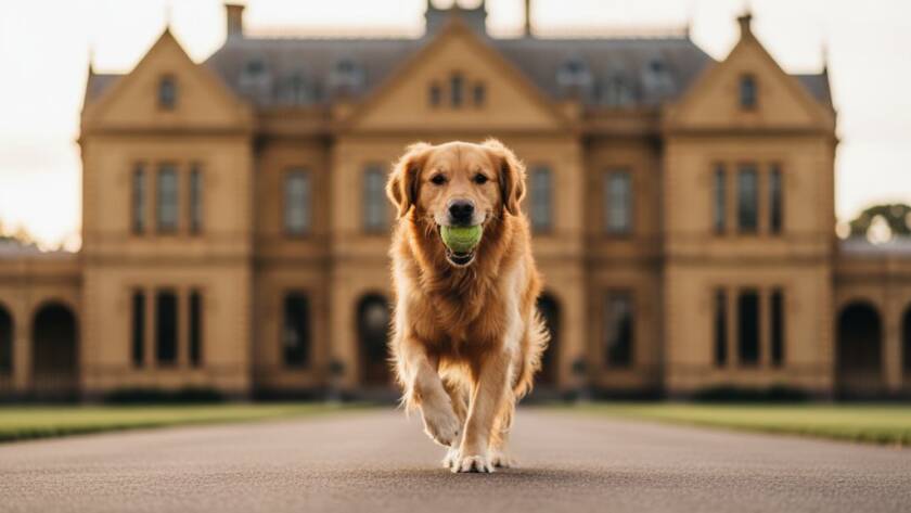 An energetic Golden Retriever mid-leap, playing fetch against the golden hour backdrop of Werribee Park's grand mansion, captured with authentic pet photography Werribee Park, showcasing pure joy and dynamic movement.