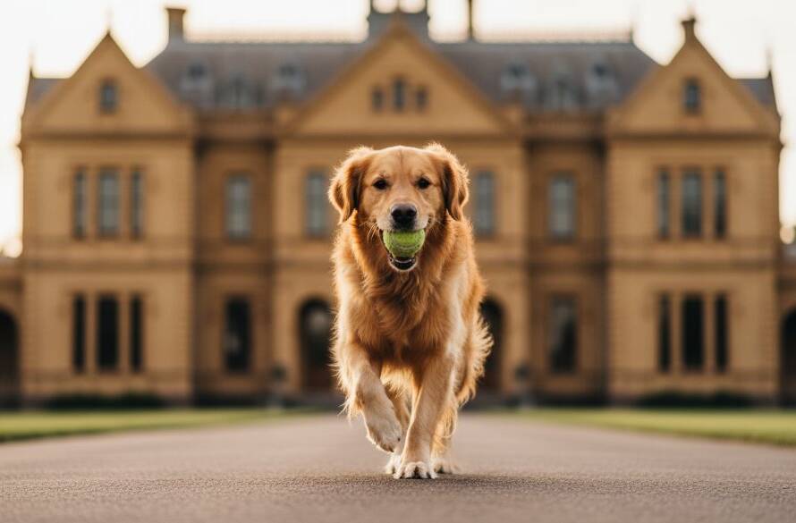 An energetic Golden Retriever mid-leap, playing fetch against the golden hour backdrop of Werribee Park's grand mansion, captured with authentic pet photography Werribee Park, showcasing pure joy and dynamic movement.