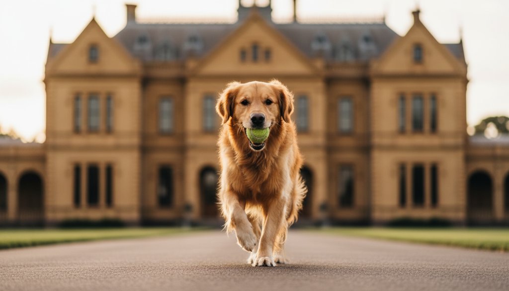 An energetic Golden Retriever mid-leap, playing fetch against the golden hour backdrop of Werribee Park's grand mansion, captured with authentic pet photography Werribee Park, showcasing pure joy and dynamic movement.