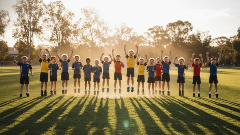 An authentic primary school photography Langwarrin Victoria moment: a group of diverse primary school children joyfully laughing and running across a sun-drenched oval during recess, their energy palpable, framed by tall gum trees in the background, captured with dramatic golden hour lighting.