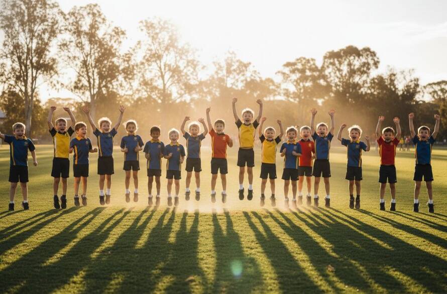 An authentic primary school photography Langwarrin Victoria moment: a group of diverse primary school children joyfully laughing and running across a sun-drenched oval during recess, their energy palpable, framed by tall gum trees in the background, captured with dramatic golden hour lighting.