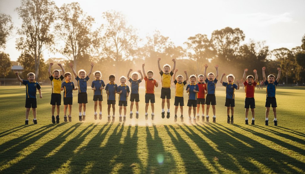 An authentic primary school photography Langwarrin Victoria moment: a group of diverse primary school children joyfully laughing and running across a sun-drenched oval during recess, their energy palpable, framed by tall gum trees in the background, captured with dramatic golden hour lighting.