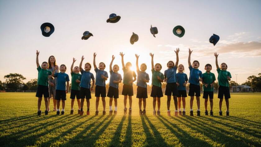 A wide-angle, sun-drenched photograph capturing a group of happy primary school children from Skye, Victoria, Australia, joyfully running towards the camera on their sports oval, with a teacher cheering them on, epitomizing authentic primary school photography Skye Victoria.