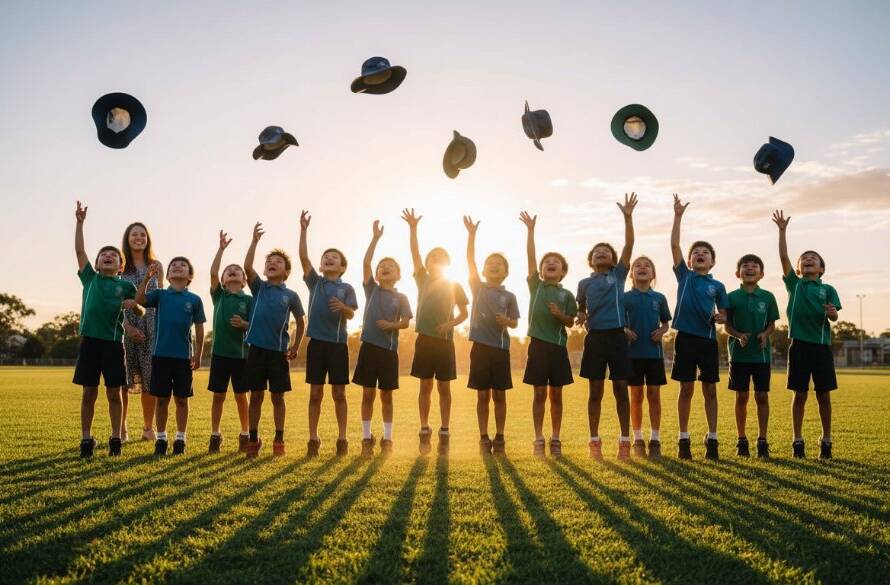 A wide-angle, sun-drenched photograph capturing a group of happy primary school children from Skye, Victoria, Australia, joyfully running towards the camera on their sports oval, with a teacher cheering them on, epitomizing authentic primary school photography Skye Victoria.