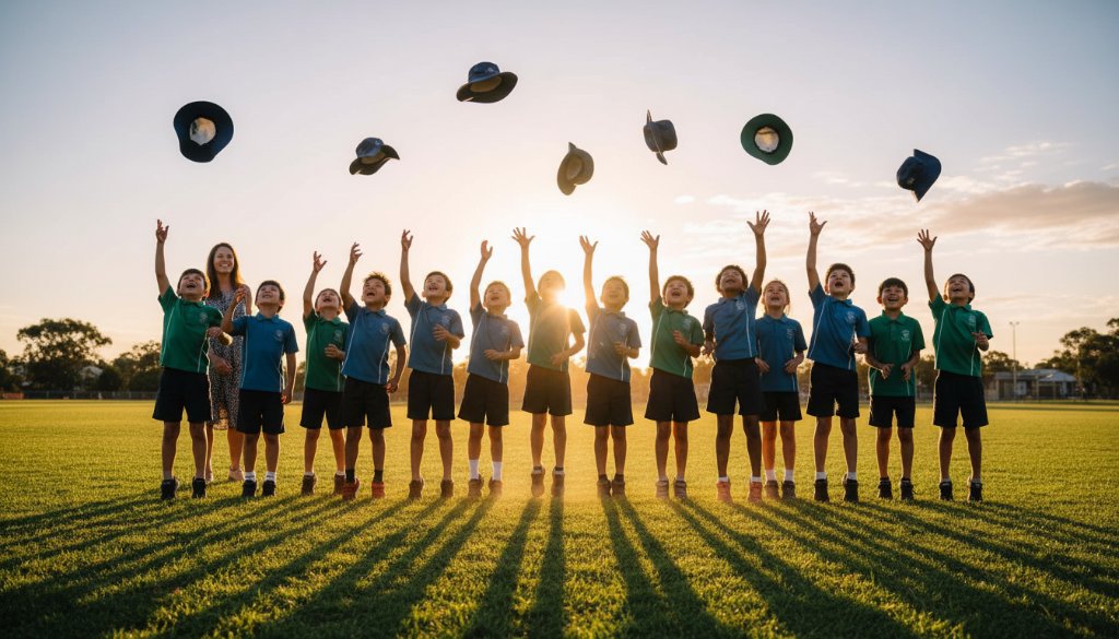 A wide-angle, sun-drenched photograph capturing a group of happy primary school children from Skye, Victoria, Australia, joyfully running towards the camera on their sports oval, with a teacher cheering them on, epitomizing authentic primary school photography Skye Victoria.
