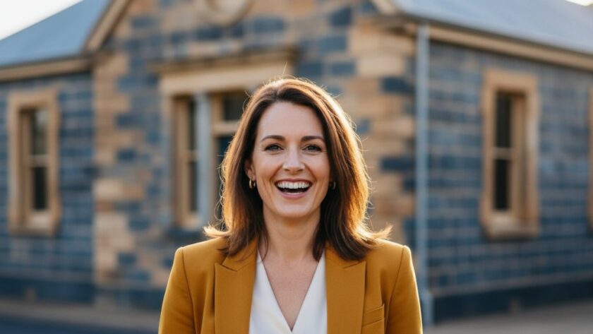 A confident female creative entrepreneur receiving authentic professional headshots Clunes Victoria, laughing genuinely in front of a rustic heritage building in Clunes, dramatic natural light highlighting her expression, a cinematic shallow depth of field.