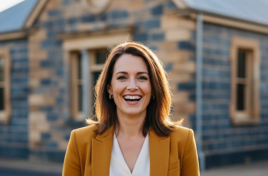 A confident female creative entrepreneur receiving authentic professional headshots Clunes Victoria, laughing genuinely in front of a rustic heritage building in Clunes, dramatic natural light highlighting her expression, a cinematic shallow depth of field.