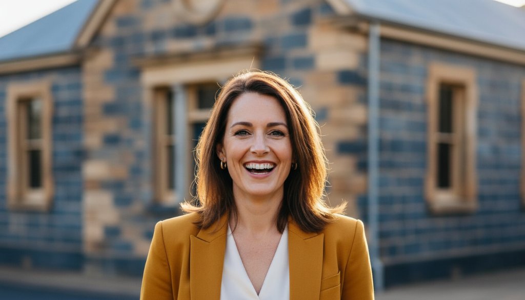 A confident female creative entrepreneur receiving authentic professional headshots Clunes Victoria, laughing genuinely in front of a rustic heritage building in Clunes, dramatic natural light highlighting her expression, a cinematic shallow depth of field.