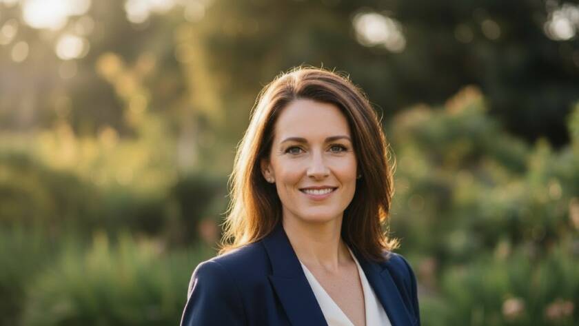 A confident female professional in her late 30s, dressed in modern business attire, smiles genuinely towards the camera. She stands against a softly blurred, warm-toned backdrop hinting at Sydenham's urban landscape, perhaps near a modern office park or community hub, bathed in late afternoon golden hour light. The shot is a medium close-up, showcasing her authentic professional headshots Sydenham for career success, with a shallow depth of field, dramatic rim lighting, and professional colour grading, conveying approachability and strength.