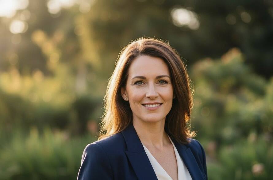 A confident female professional in her late 30s, dressed in modern business attire, smiles genuinely towards the camera. She stands against a softly blurred, warm-toned backdrop hinting at Sydenham's urban landscape, perhaps near a modern office park or community hub, bathed in late afternoon golden hour light. The shot is a medium close-up, showcasing her authentic professional headshots Sydenham for career success, with a shallow depth of field, dramatic rim lighting, and professional colour grading, conveying approachability and strength.