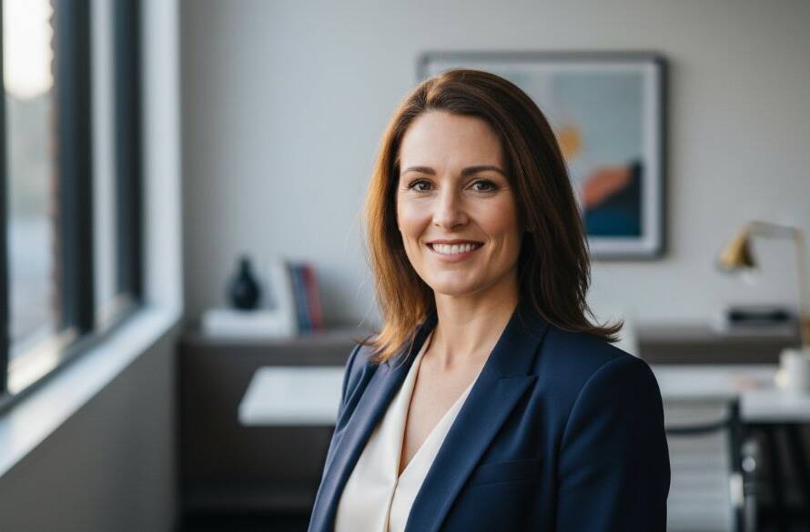 A confident female executive, with a warm, genuine smile, stands in a modern, light-filled office space in Vermont, Victoria, captured during an authentic professional headshots Vermont Victoria session. Dramatic side lighting highlights her determined expression and stylish attire, creating a powerful and inspiring corporate portrait that exudes approachability and expertise. The image is professionally colour-graded with a slight warmth.