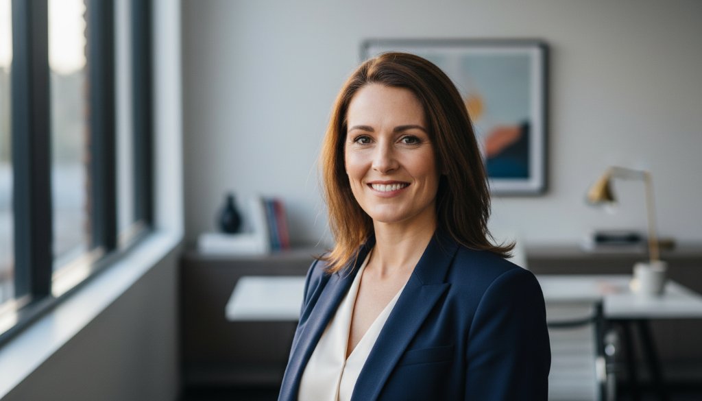 A confident female executive, with a warm, genuine smile, stands in a modern, light-filled office space in Vermont, Victoria, captured during an authentic professional headshots Vermont Victoria session. Dramatic side lighting highlights her determined expression and stylish attire, creating a powerful and inspiring corporate portrait that exudes approachability and expertise. The image is professionally colour-graded with a slight warmth.