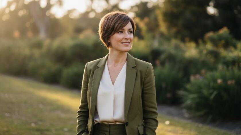 An impactful and authentic professional portrait in Warrandyte South, captured with stunning natural light, showing a confident individual against a blurred, serene bushland backdrop at golden hour.
